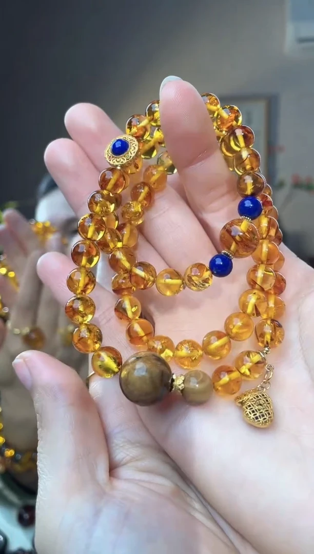 裸石琥珀未镶嵌8+花珀三圈手串设计款
