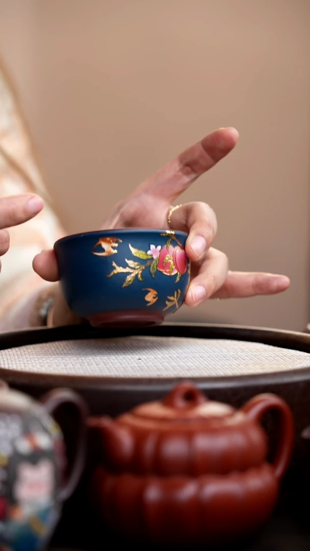 茶壶紫砂墨绿粉浆鎏金寿桃杯