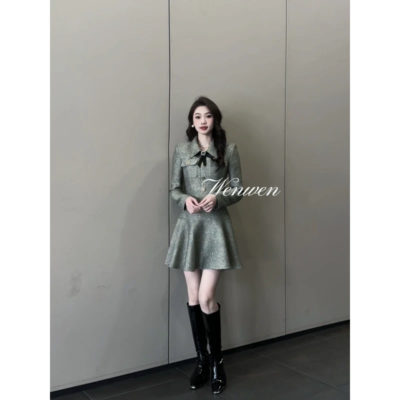 TANS【抹茶少女】显瘦气质小香风长袖时尚复古收腰秋冬连衣裙