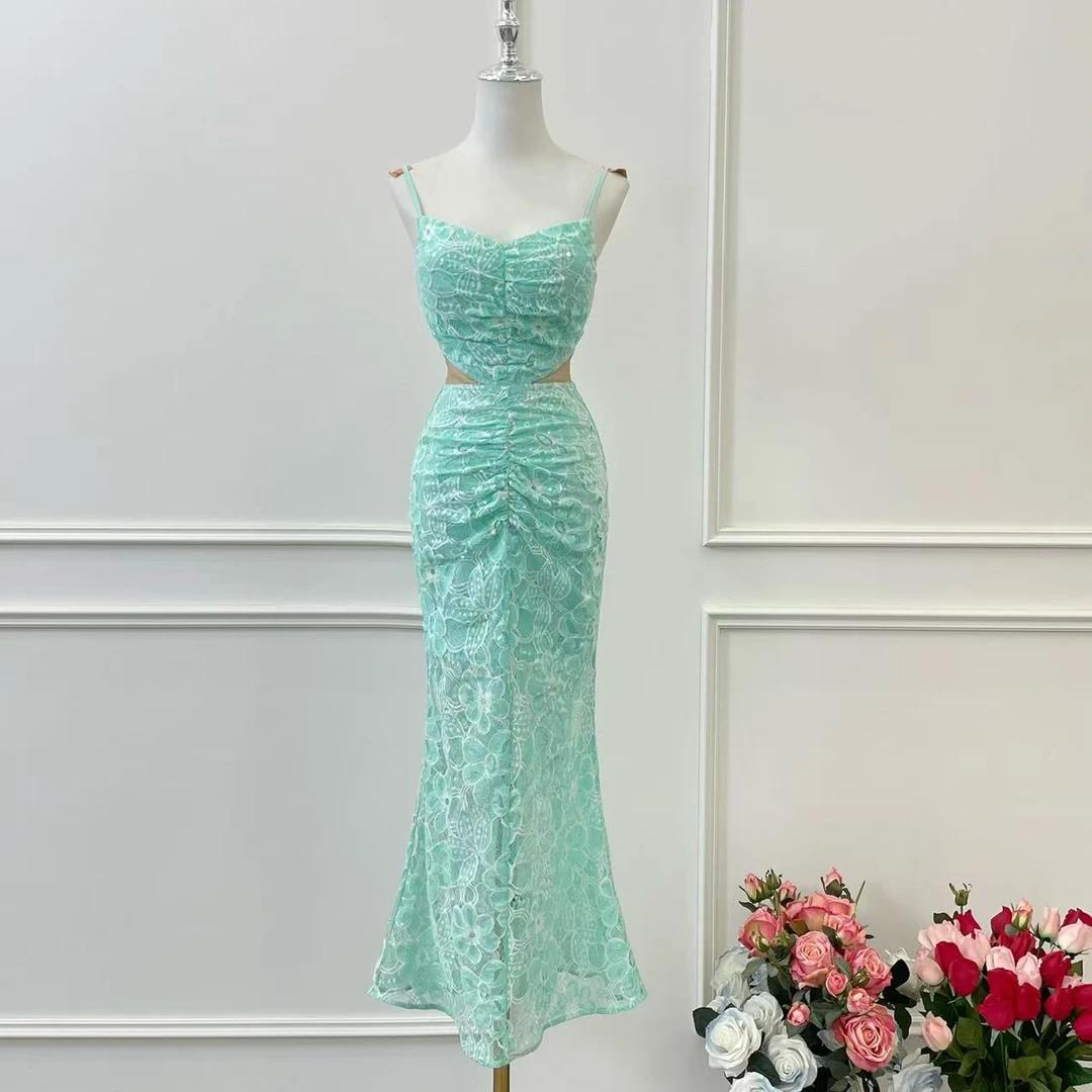 BECHARMING「海岛日记」时尚气质亮片假露腰性感连衣裙Q0923