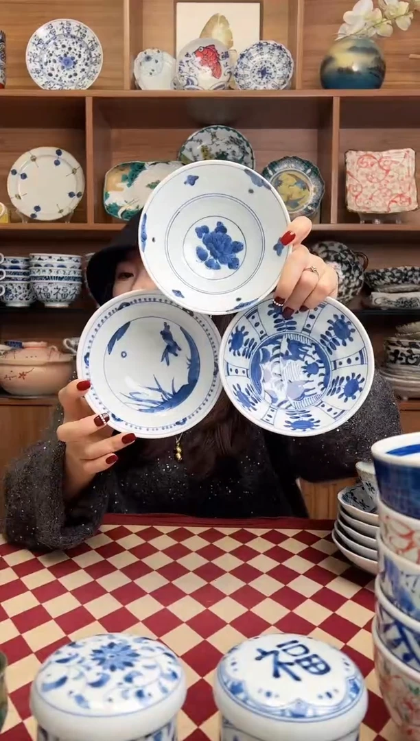 【闪购商品】瓷片浓牡丹+海边兔+芙蓉草14cm斗笠宽碗