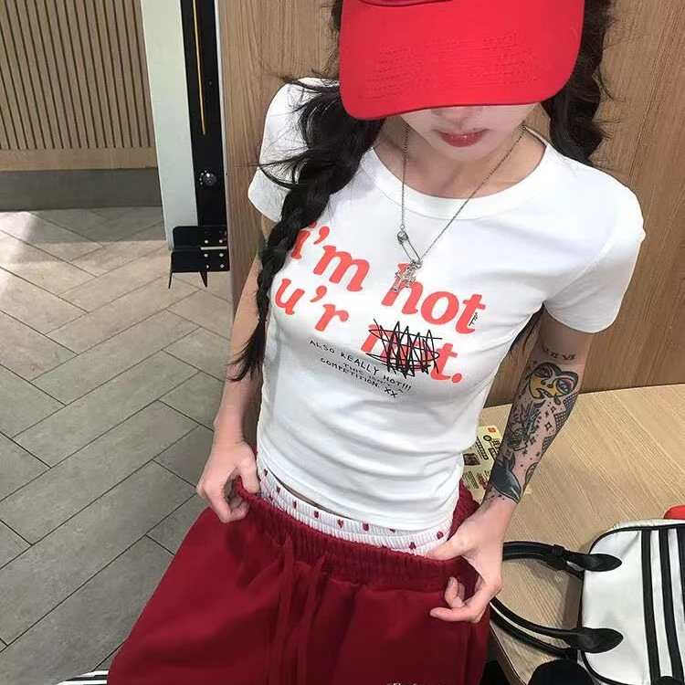 春夏短袖拼接印花无袖休闲潮流常规T恤辣妹字母韩版个性显瘦弹力
