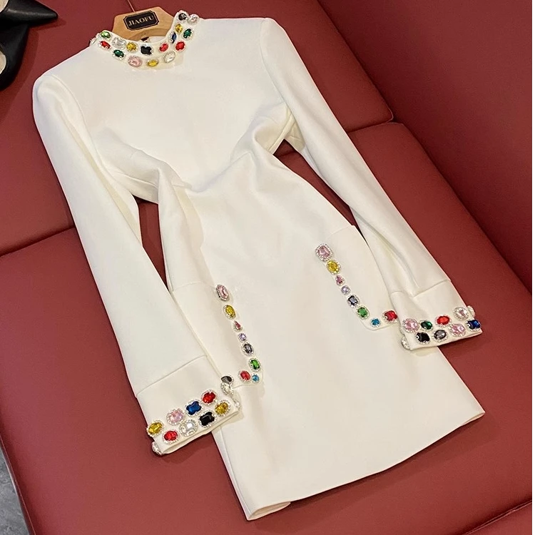 名媛轻奢气质女装新款欧美明星时尚重工钉珠彩色镶钻长袖连衣裙