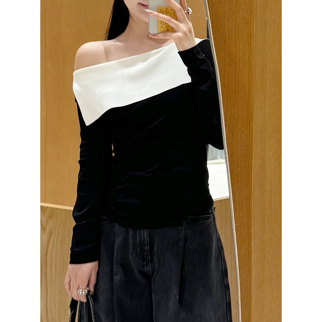 极简百搭黑白撞色一字肩针织衫2025春季新款修身百搭长袖上衣9339