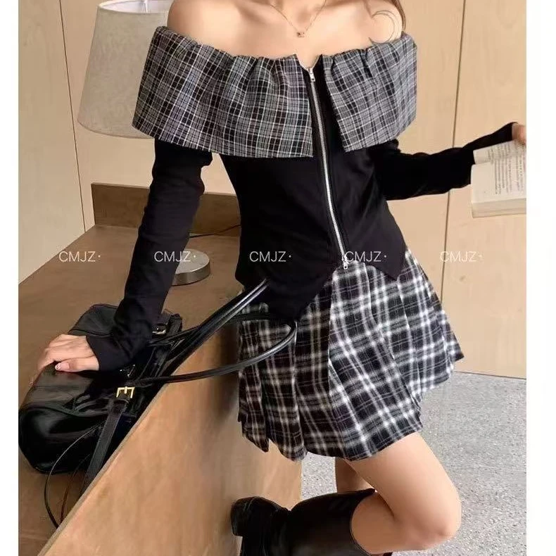 那简家 3337 现货春季新款法式格子一字肩上衣