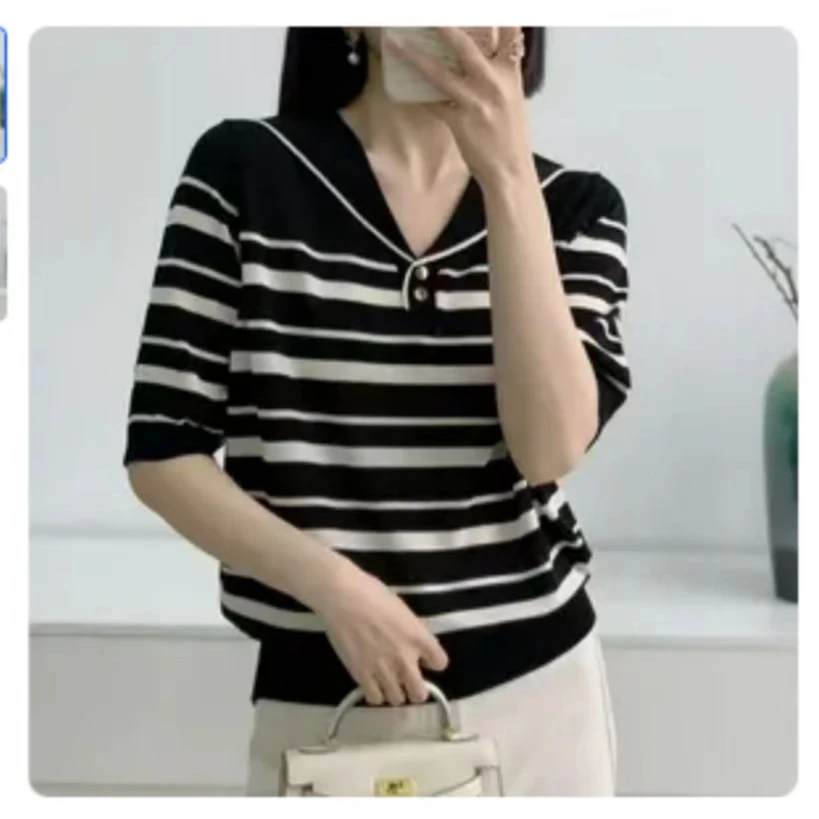 80-160斤黑色条纹海军领针织衫女2025夏季新款百搭气质短袖套头衫