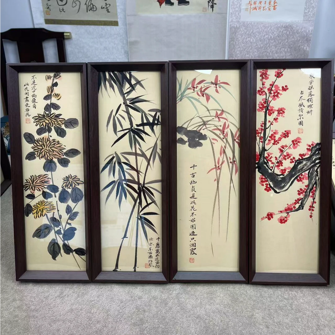 西泠文创不落名国画作品多样性-带框-13*40梅兰竹菊