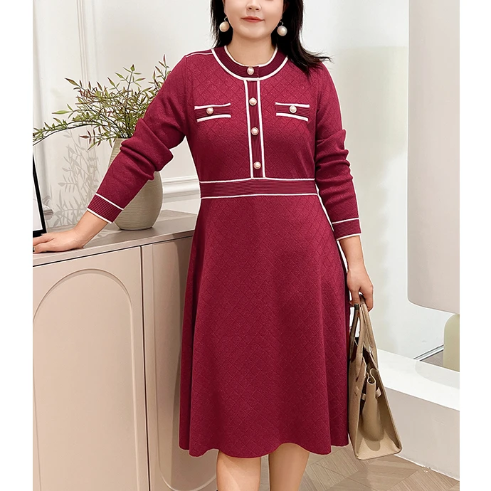 【小香风毛织连衣裙】MsShe大码女装冬优雅气质撞色拼接D~B2409049