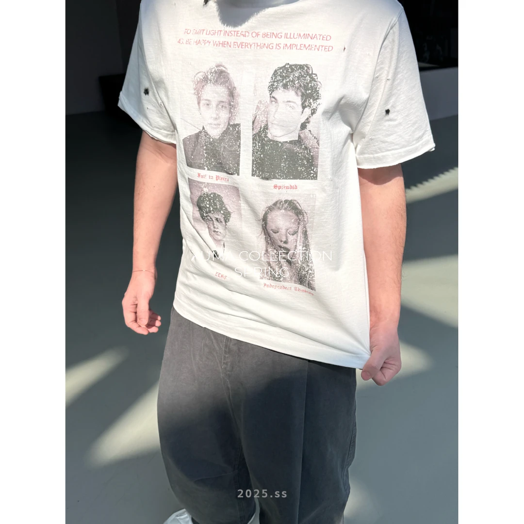 XUMA 2025春季280g纯棉精纺印花破坏复古街头ERD风宽松圆领T恤