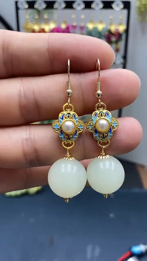 和田玉银S925镀金镶嵌耳饰尺寸16mmA2