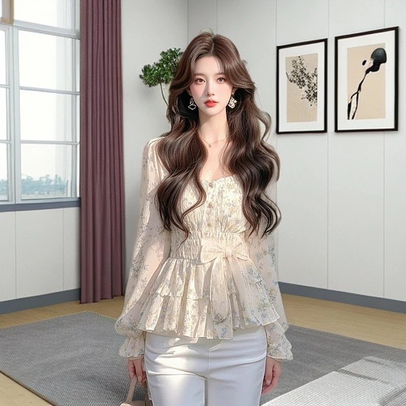 法式爆款碎花方领收腰衬衫女2025春季新款小众设计感高端长袖衬衣