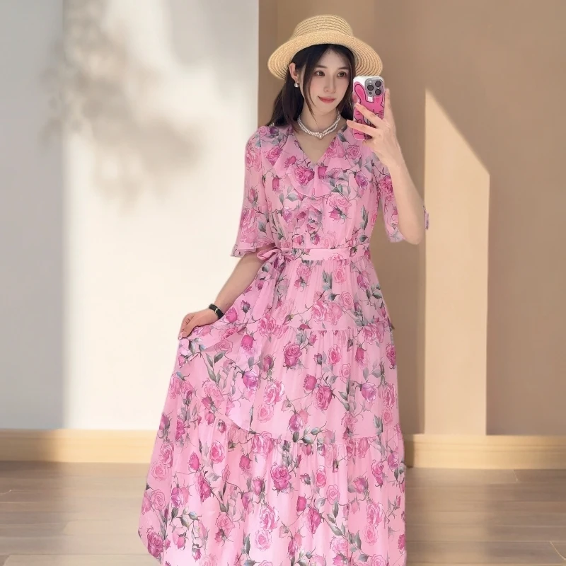GXO 【珂＋玫瑰盛绽】2025夏季新款桑蚕丝度假风玫瑰连衣裙LYQ0260