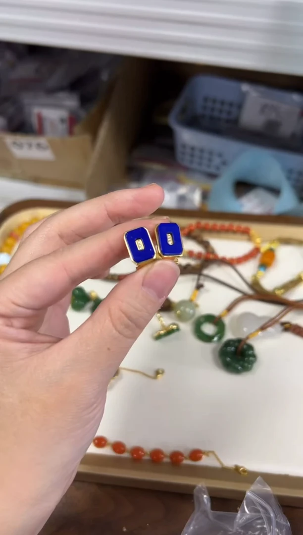 银S925镶嵌青金石耳饰青金石方块款银镶嵌耳钉[2253]