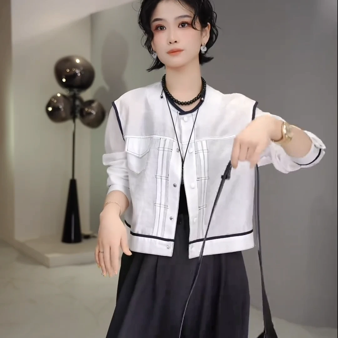 撞色防晒衣外套女薄款拼接圆领百搭夏季2025宽松小个子新款上衣潮