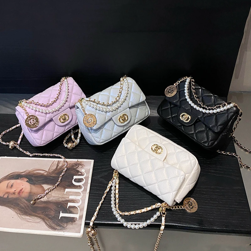 真皮小香风包包女高级感时尚珍珠链条包手拎小包精致斜挎包小方包