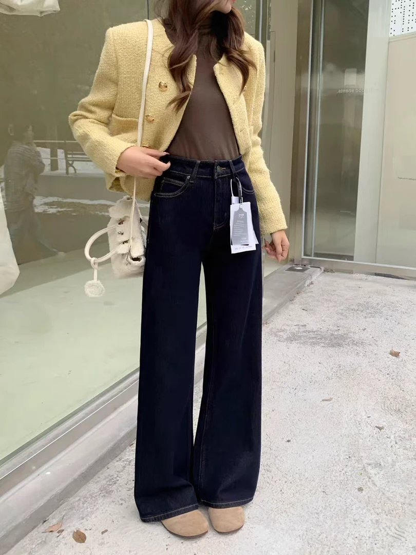 四面弹特绒窄板直筒裤牛仔裤 冬季韩系复古加绒加厚保暖显瘦长裤