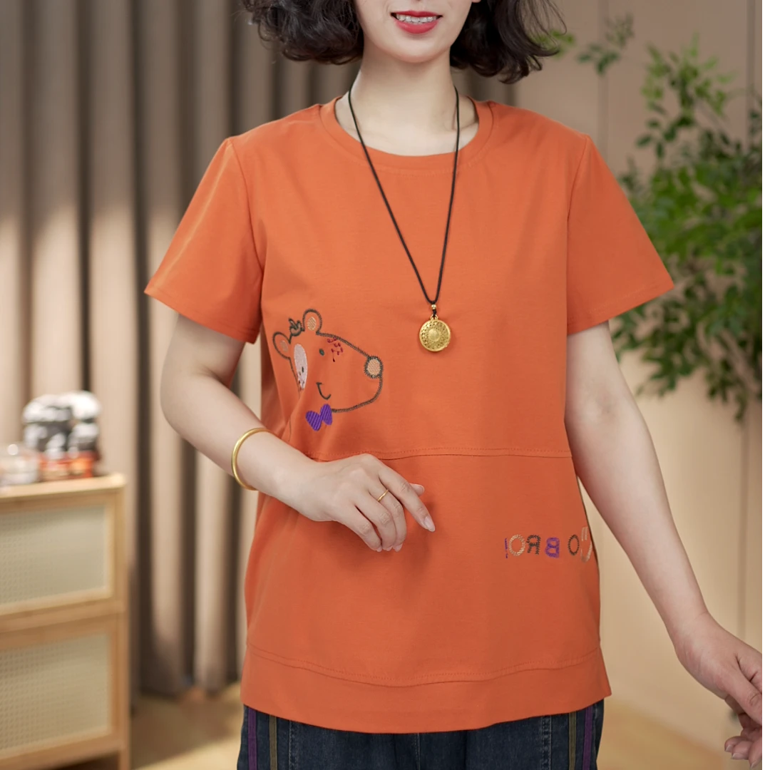 短袖纯色圆领轻柔短袖T恤夏装时尚百搭休闲洋气开叉刺绣T恤减龄