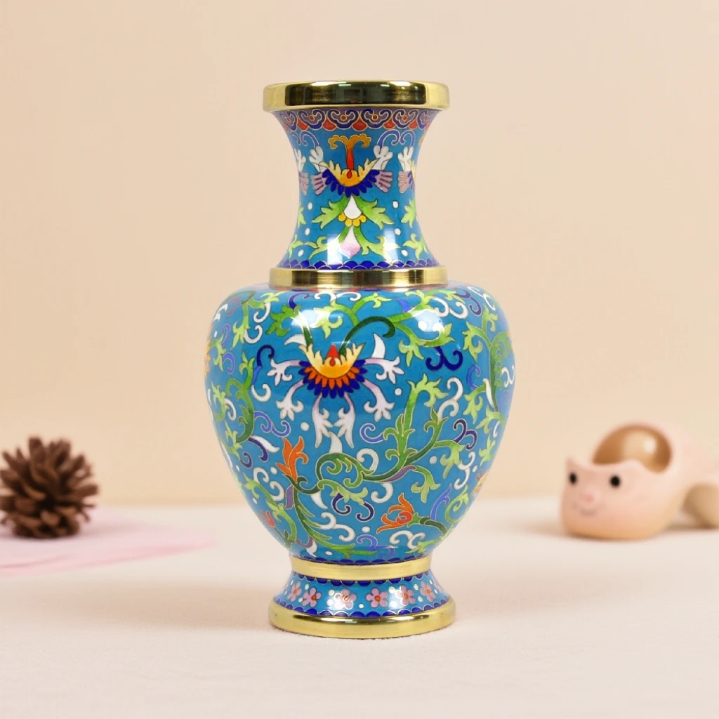 十寸莲纹景泰蓝花瓶含木座高28cm厚重铜胎手工掐丝珐琅