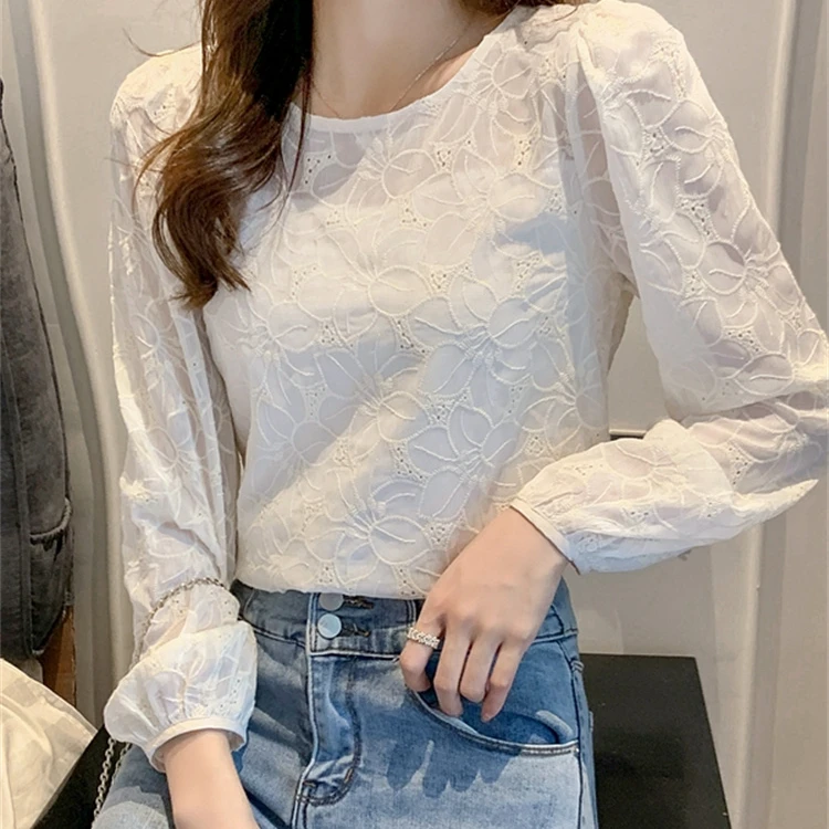 2025春秋冬新款韩版百搭圆领泡泡袖长袖衬衫女上衣打底衫钩花镂空