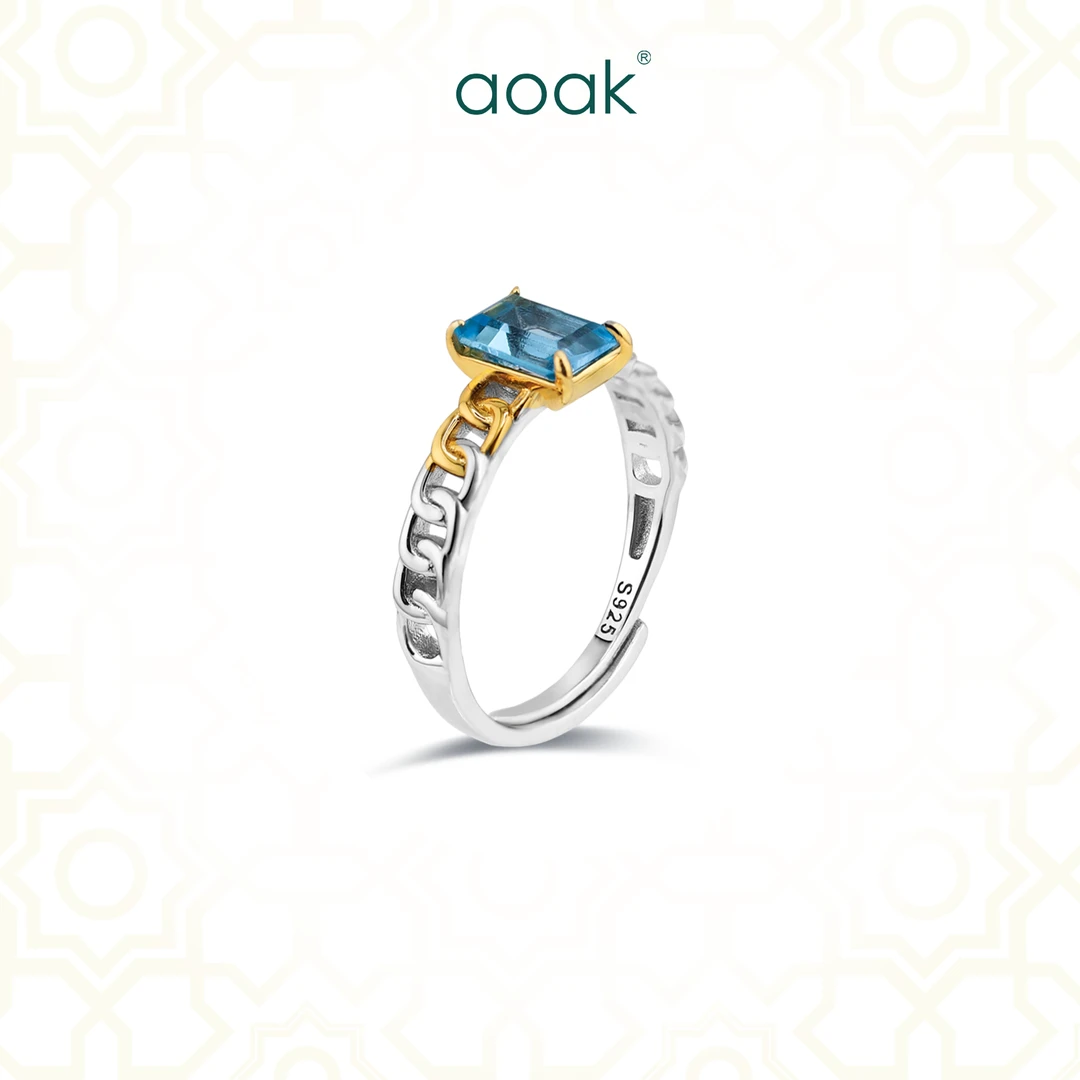 【aoak 】A097天然托帕石925银镀金独特设计链扣戒边方形戒指