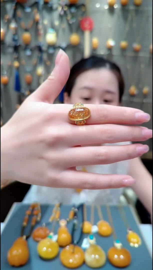 琥珀银S925镀金镶嵌珠宝奇石﹣C994琥珀戒指