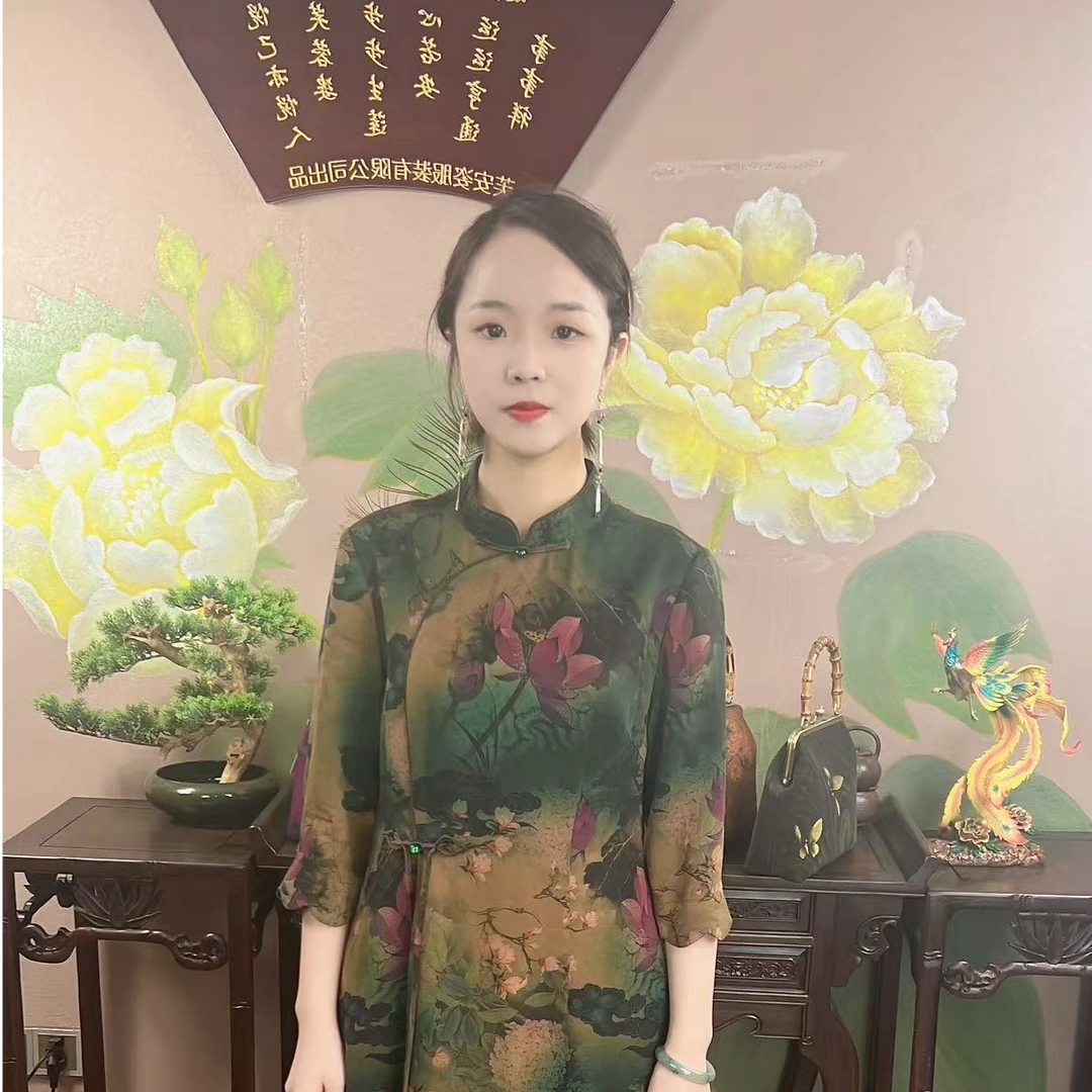 祥安姿服饰香云纱新中式荷塘月色连衣裙{福禄典雅}G362334-1