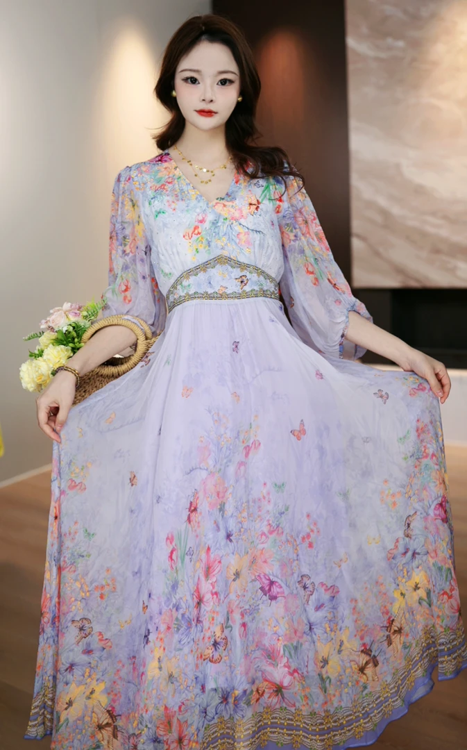 【紫薇公主】25年新款温柔名媛风优雅气质收腰高端桑蚕丝连衣裙