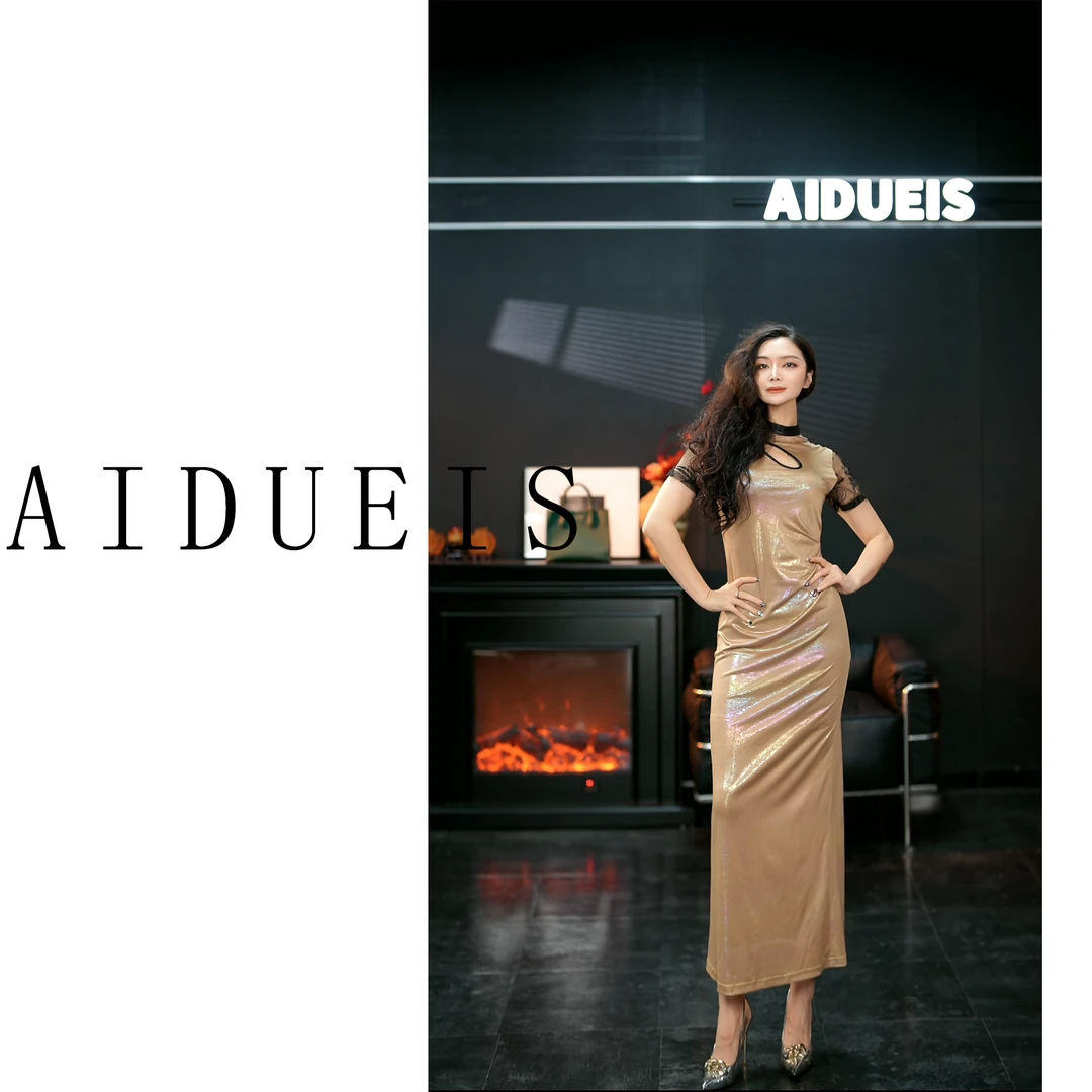 AIdueis【鎏金岁月】新款旗袍连衣裙水滴斜领长款时尚大气#D1516