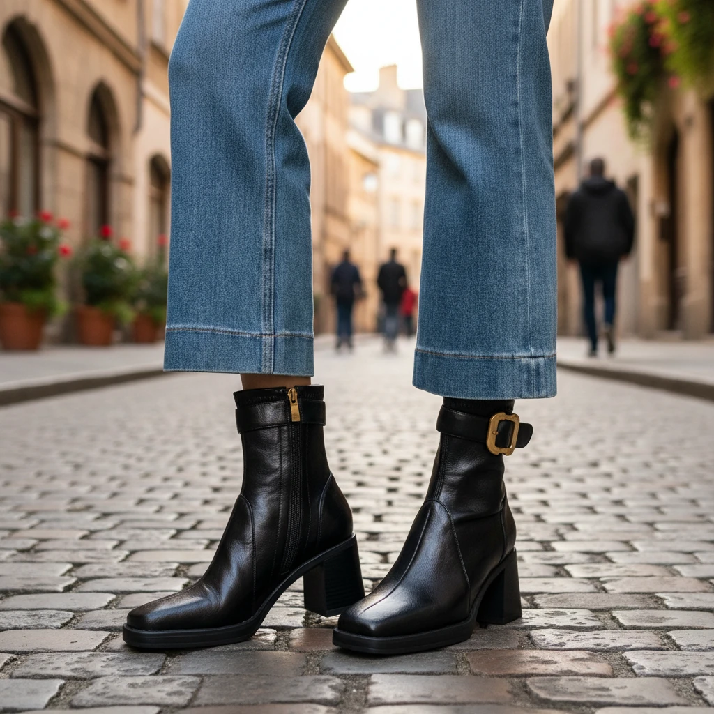 DN新款7CM小金扣方头高跟粗跟瘦瘦靴百搭气质增高显瘦复古款女靴