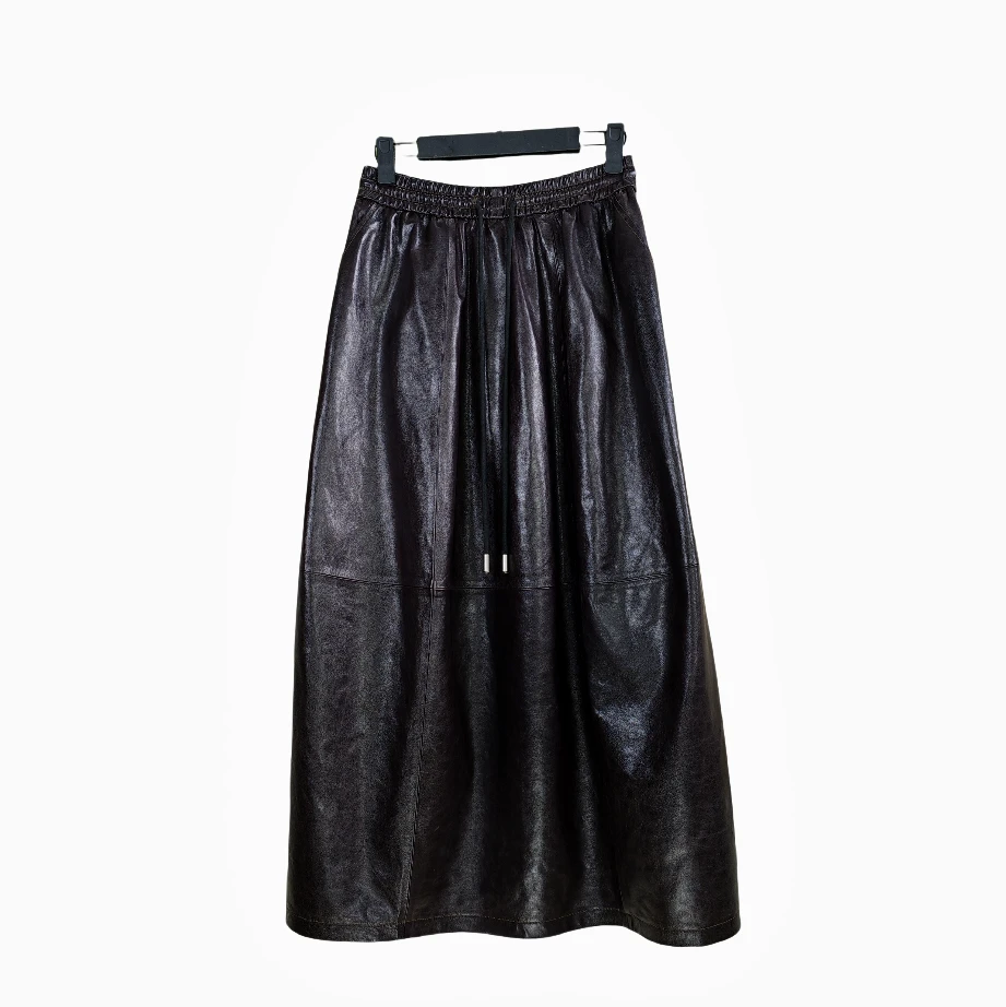 艾尼菲雨秋季新款绵羊皮油蜡水晶皮百搭气质款深紫色半身裙裙子