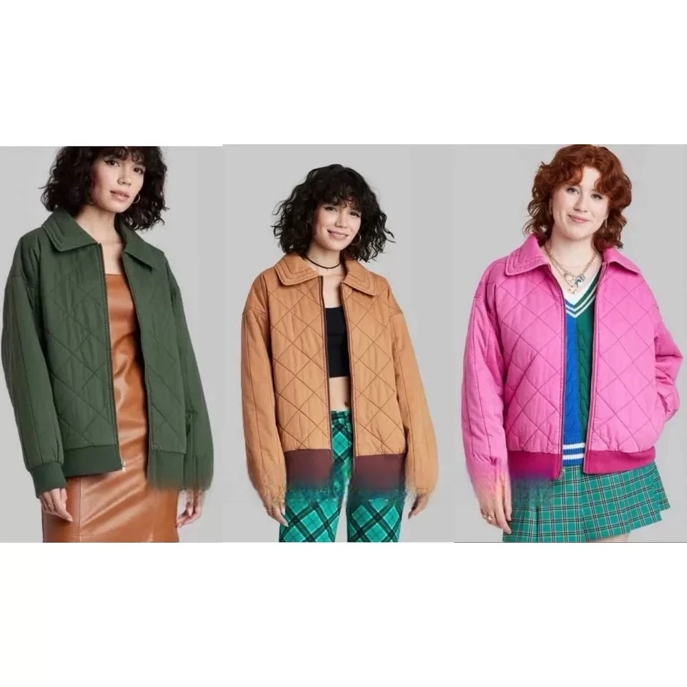 做旧水洗菱格翻领棉服外套