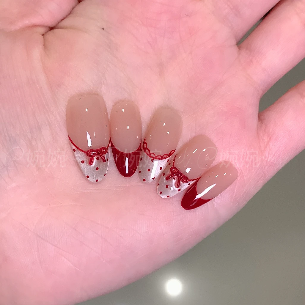 【红丝绒】纯手工手绘猫眼法式重工红色穿戴甲