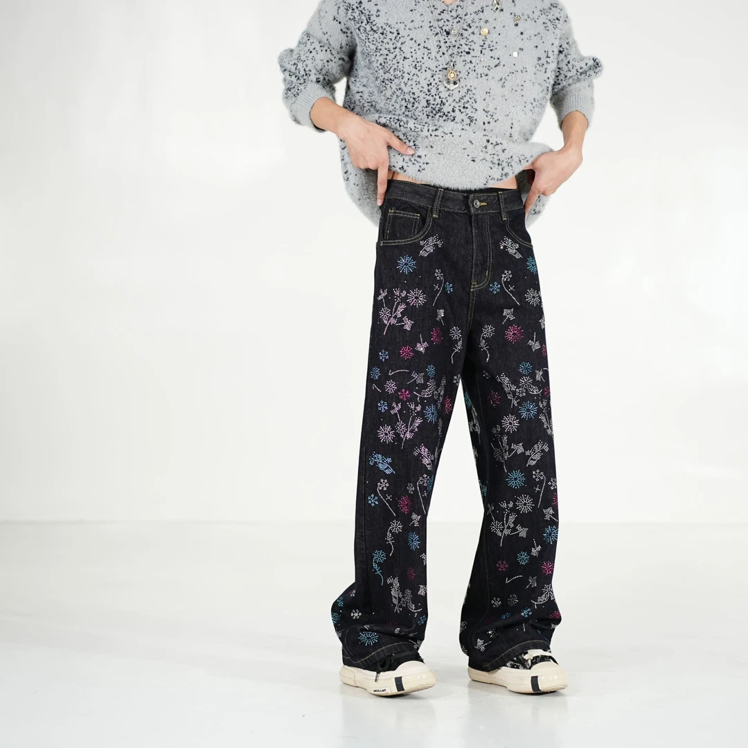 2025秋冬宽松高品烫钻大直筒牛仔裤裤子大牌同款时尚百搭男裤潮流