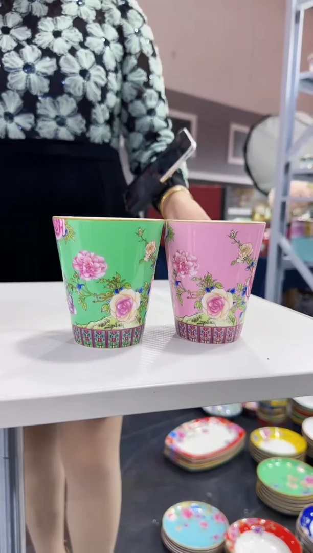 珐琅 牡丹花卉杯子2只装景德镇陶瓷