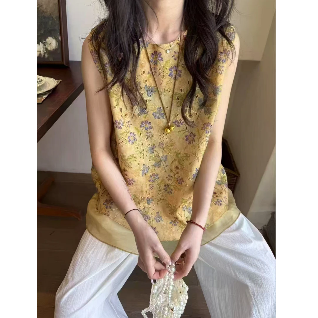 郭哥服饰夏季女款上衣无袖国风复古2025新款圆领中长款潮提花显瘦