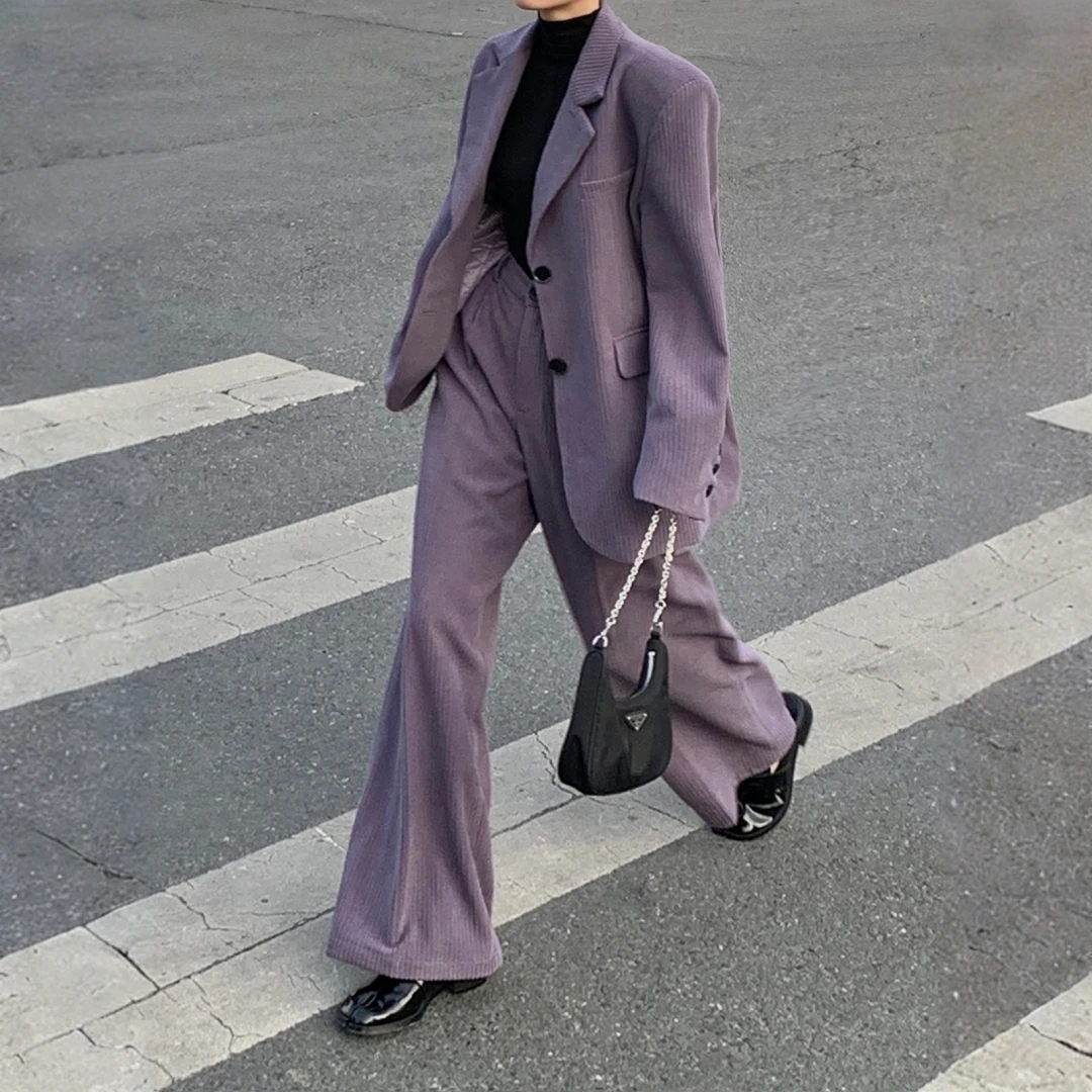 2025秋冬新款复古紫色加棉灯芯绒西装外套西裤套装宽松气质两件套