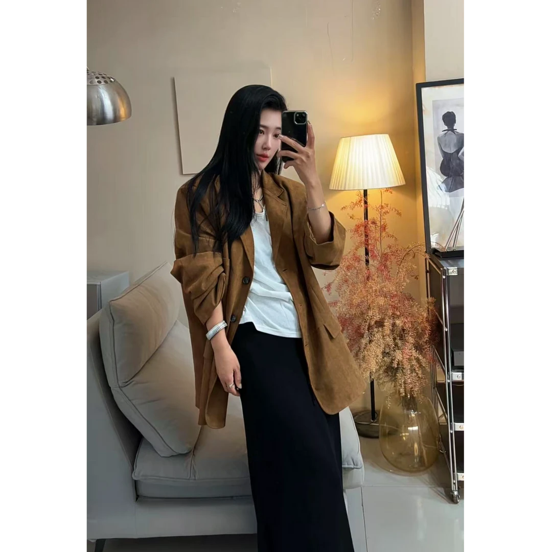 西装外套女2025新款复古港风麂皮绒气质百搭通勤美拉德棕色外套