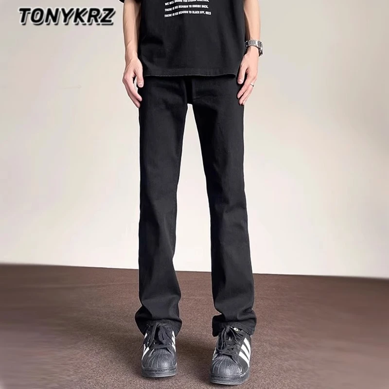 TONYKRZ美式高街cleanfit黑色牛仔裤女男潮牌修身显瘦直筒微喇裤