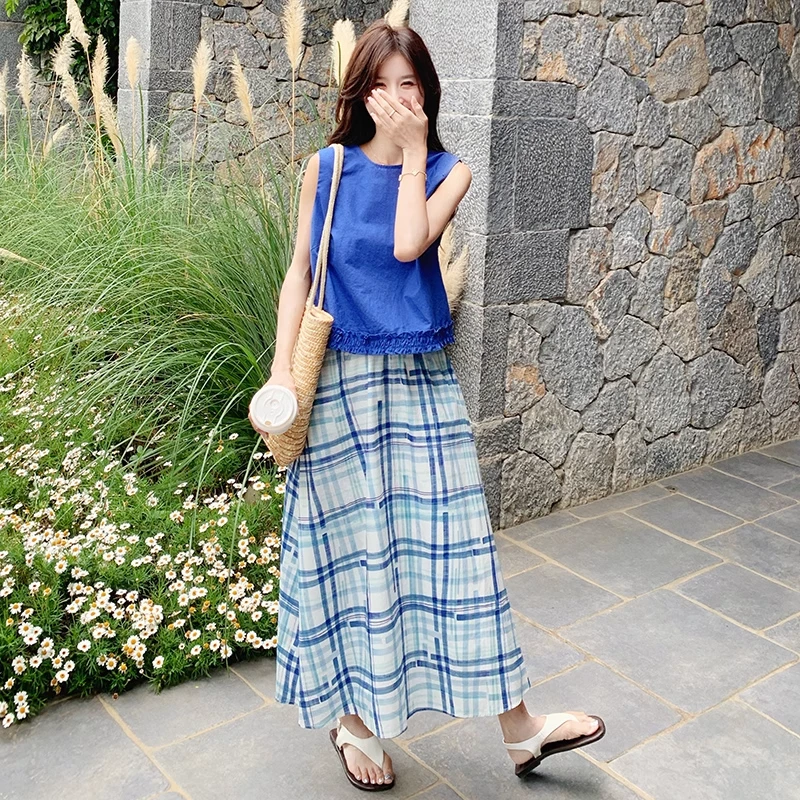 蓝色木耳边无袖格子连衣裙女夏季设计感韩系休闲背心半身裙两件套