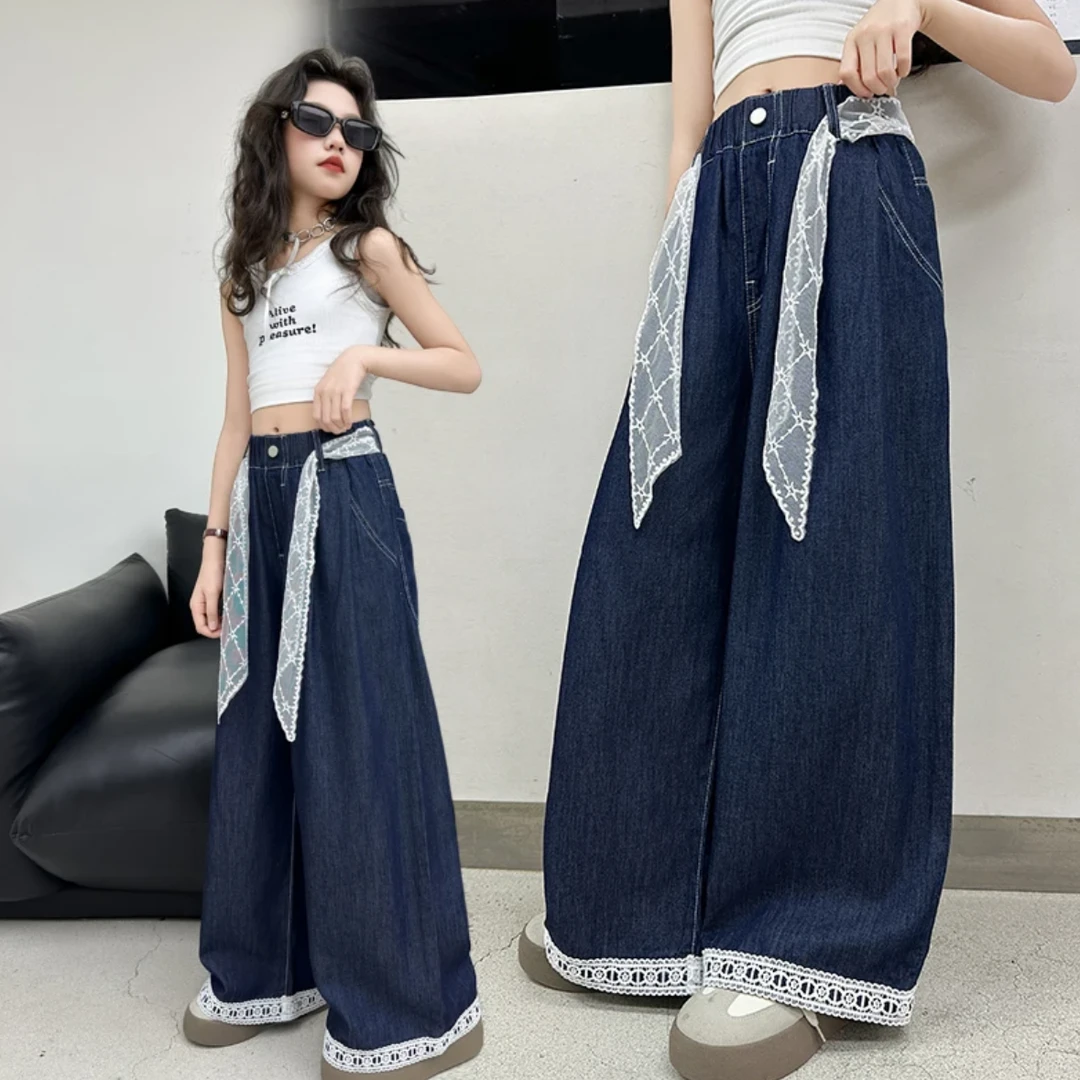 女童裤子夏季2025新款儿童深蓝色牛仔直筒裤蕾丝腰薄款直筒阔腿裤