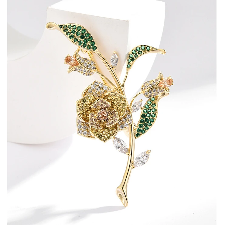 铜合金锆石胸针 30612-1轻奢浪漫玫瑰花胸针