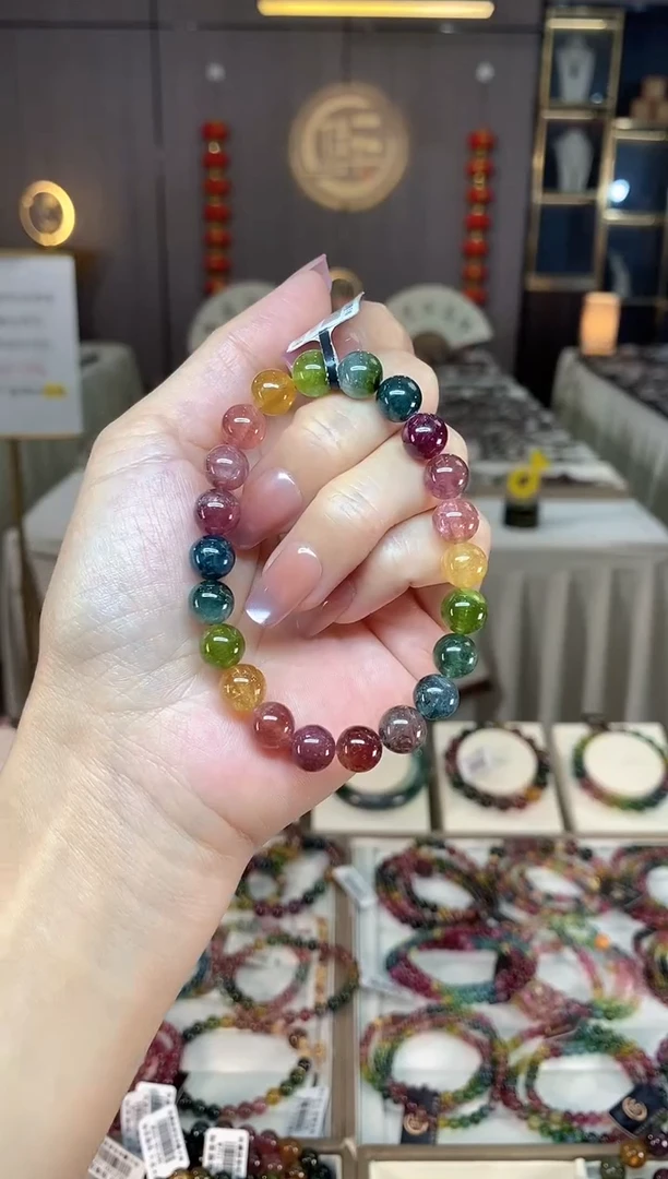 未镶嵌冰透体老矿碧玺色标彩虹单圈手串8mm+碧玺hon多样性发一条