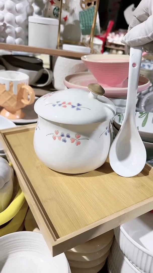 【闪购商品】瓷片中号炖盅勺子2件套微瑕 凑满20元包邮