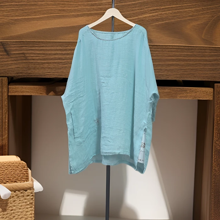 1768 新款纯色休闲亚麻落肩宽松显瘦女式大码衬衫胸围140长70