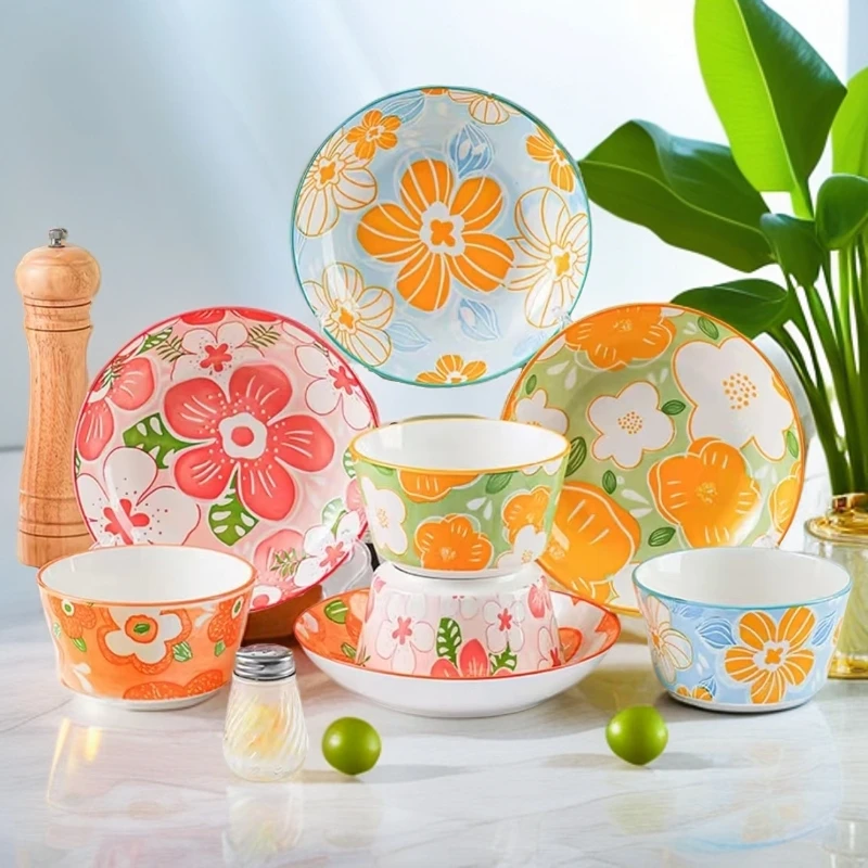 彩陶风格可爱陶瓷碗盘网红家用创意高颜值碗碟盘米饭碗餐具套装
