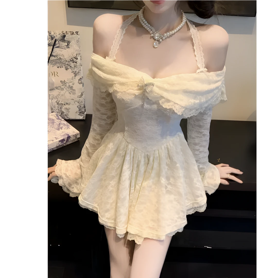 【现货】大码法式甜美春季收腰显瘦一字肩挂脖性感蕾丝连衣裙10728