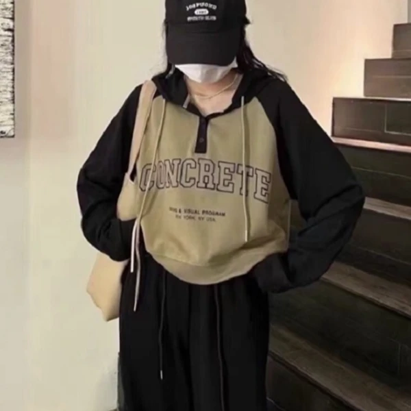 106美式复古插肩袖设计感字母印花大码套装