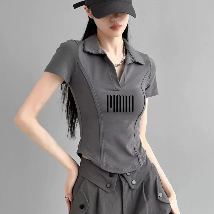 短袖T恤女2025新款夏季收腰显瘦短款鱼骨上衣美式辣妹POLO领正肩