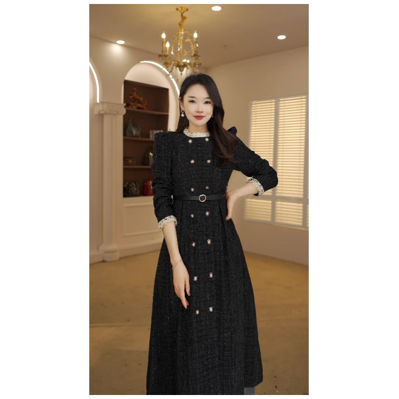 小香风春秋新款法式感气质中长裙赫本风小黑裙8124#