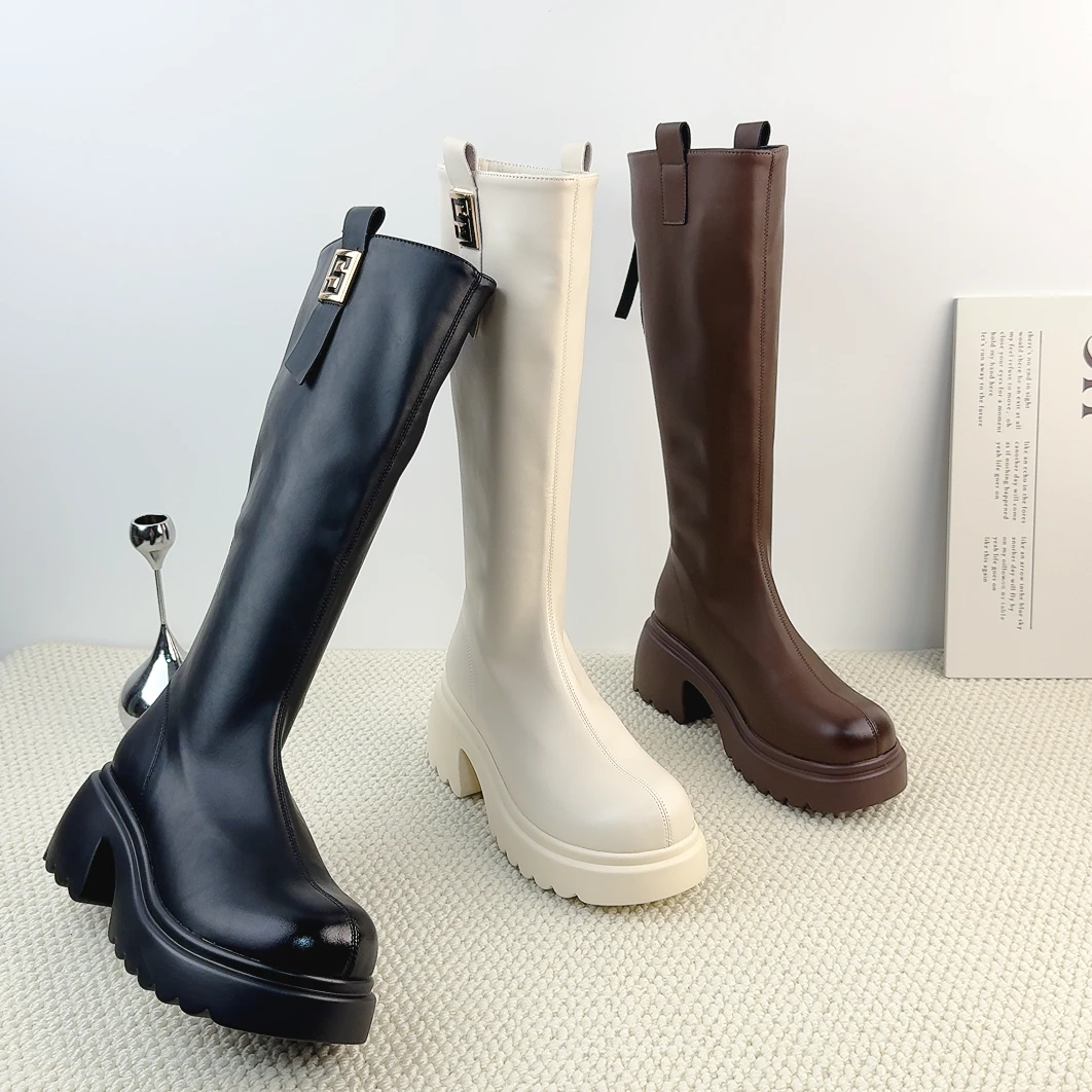 厚底白色长筒小个子不过膝骑士靴女2025秋冬加绒高筒英伦瘦瘦靴子